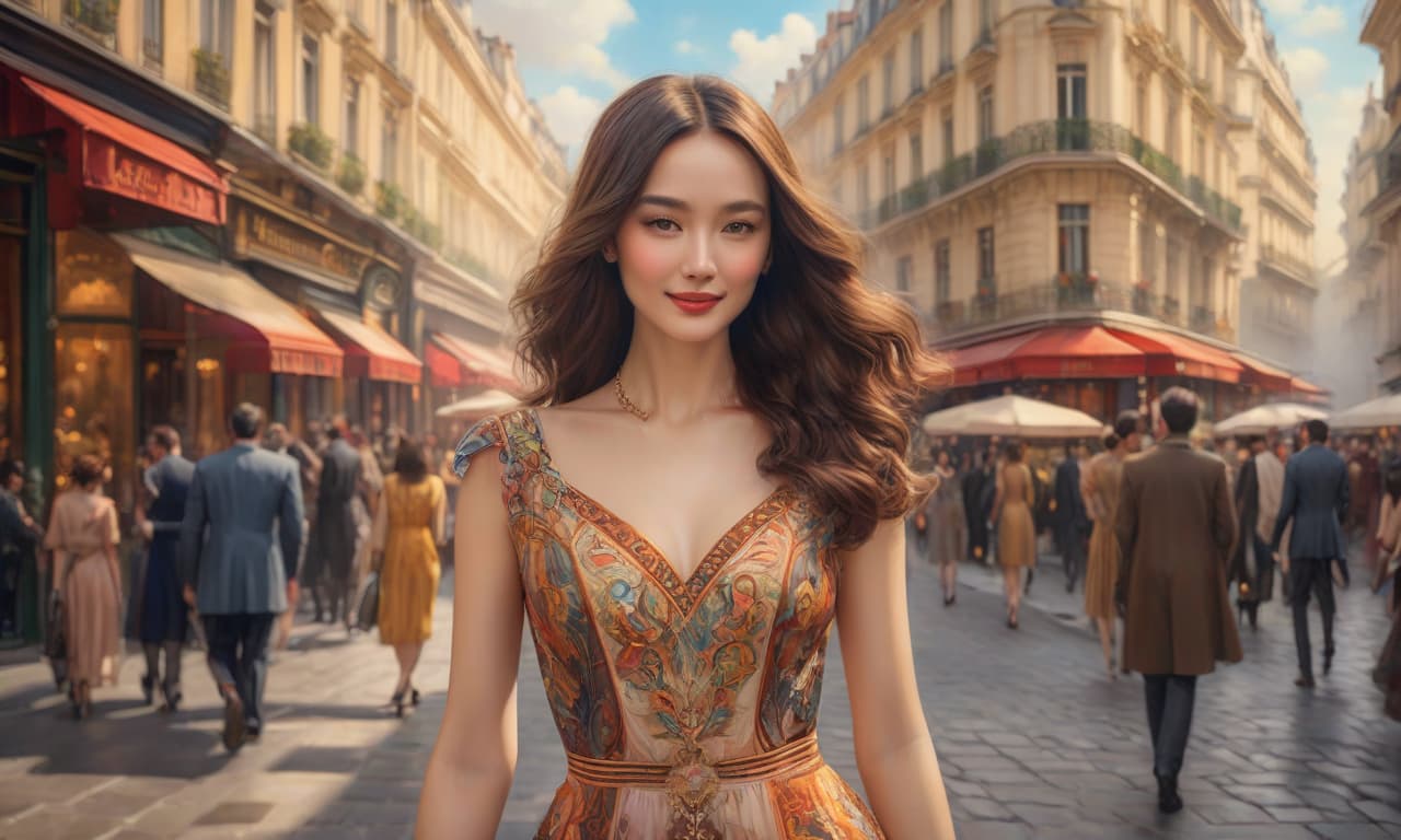  Masterpiece, (oil painting: 1.3), Art Deco, retro, portrait of a beautiful lady in a short bright summer dress walking along a Parisian city street with a happy smile, Helen Lam's colorful sketch with brown tones in Gustav Klimt's style, delicate brushwork, complex with many details and patterns, sunny day, high detail, 4k hyperrealistic, full body, detailed clothing, highly detailed, cinematic lighting, stunningly beautiful, intricate, sharp focus, f/1. 8, 85mm, (centered image composition), (professionally color graded), ((bright soft diffused light)), volumetric fog, trending on instagram, trending on tumblr, HDR 4K, 8K