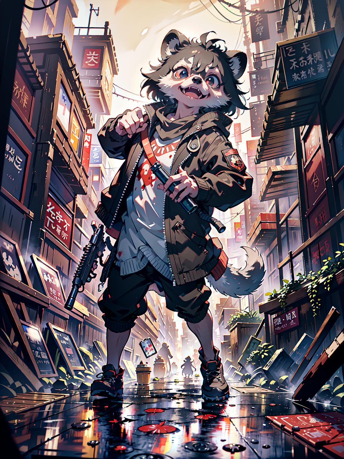  master piece, best quality, ultra detailed, highres, 4k.8k, a two dimensional raccoon dog, holding a firearm, surrounded by splattering blood, serious, BREAK A tragic, a dark alleyway, firearm, blood splatters, BREAK ominous, gritty, intense, dramatic, realistic, Cu73Cre4ture