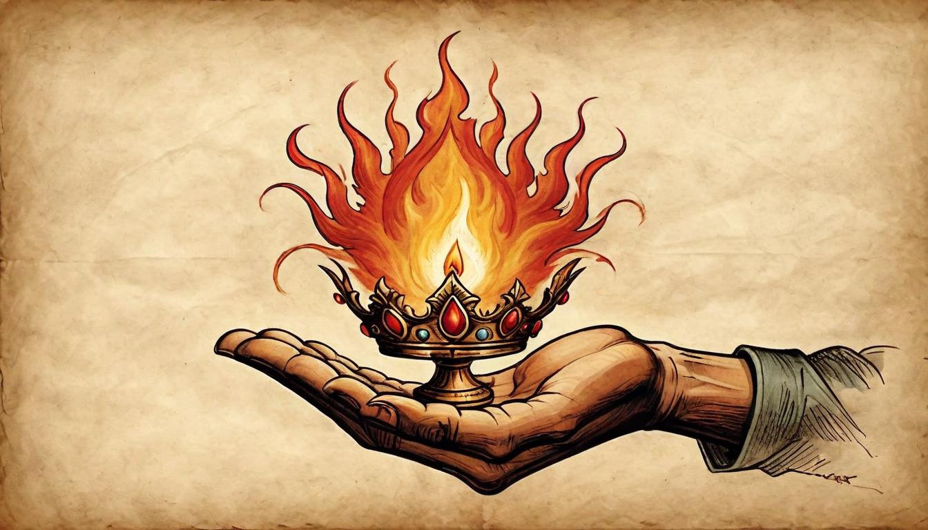  on parchment, surrealism+++, Crown of flames hovering above an open palm, signifying the inheritance and gift of divine courage, hand is implied not shown, Fiery inheritance, power received, Unseen force, burning gift, potent(mysterious, provocative, symbolic,muted color)+++