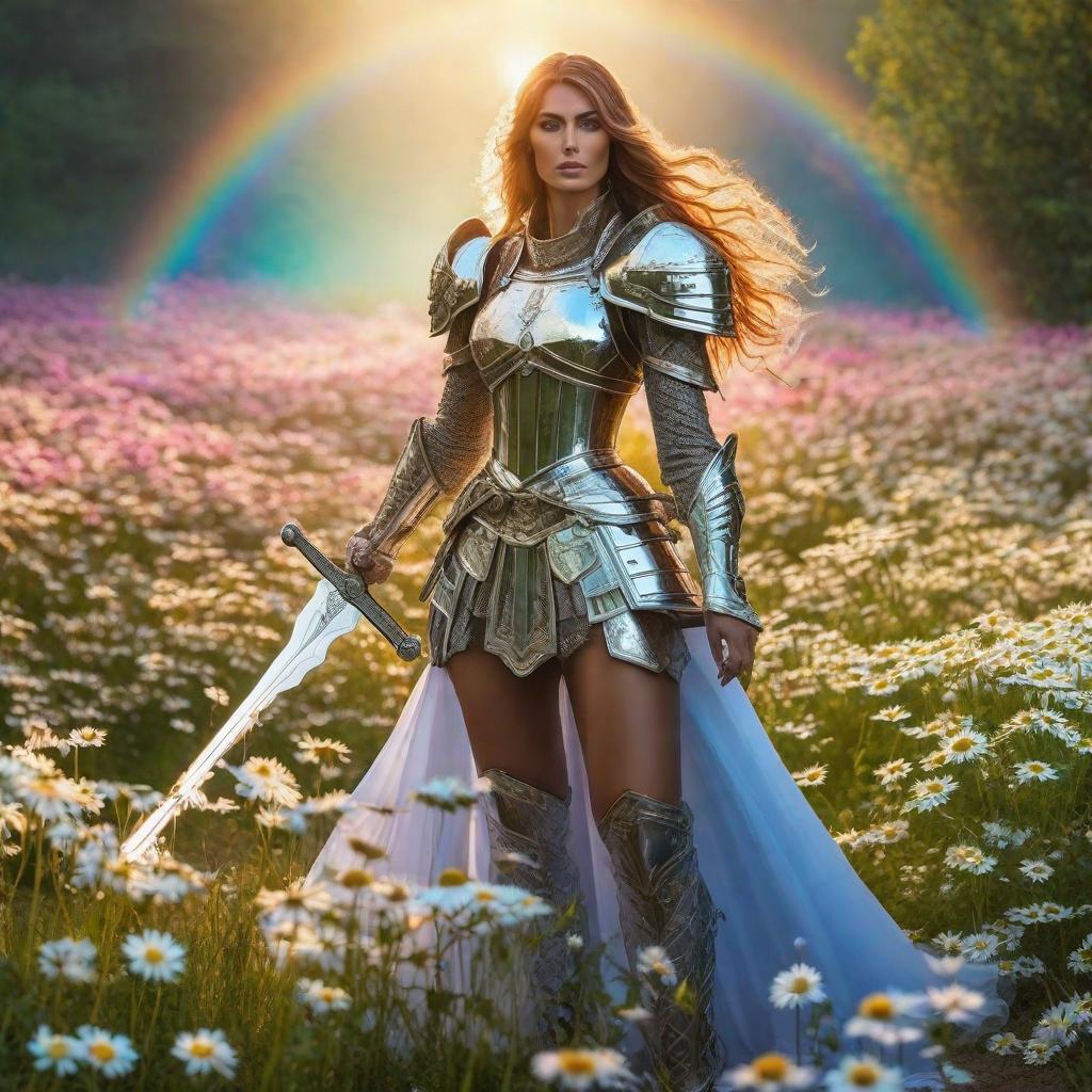  A warrior wears a chrome armor, carries a sword from which a rainbow starts, she is in the middle of a field of daisies, the light looks like the reflection of a prism emanates the colors of a rainbow,Bubbles float around her ,High Definition Image, 50mm lens, f/1.8. hyperrealistic, full body, detailed clothing, highly detailed, cinematic lighting, stunningly beautiful, intricate, sharp focus, f/1. 8, 85mm, (centered image composition), (professionally color graded), ((bright soft diffused light)), volumetric fog, trending on instagram, trending on tumblr, HDR 4K, 8K