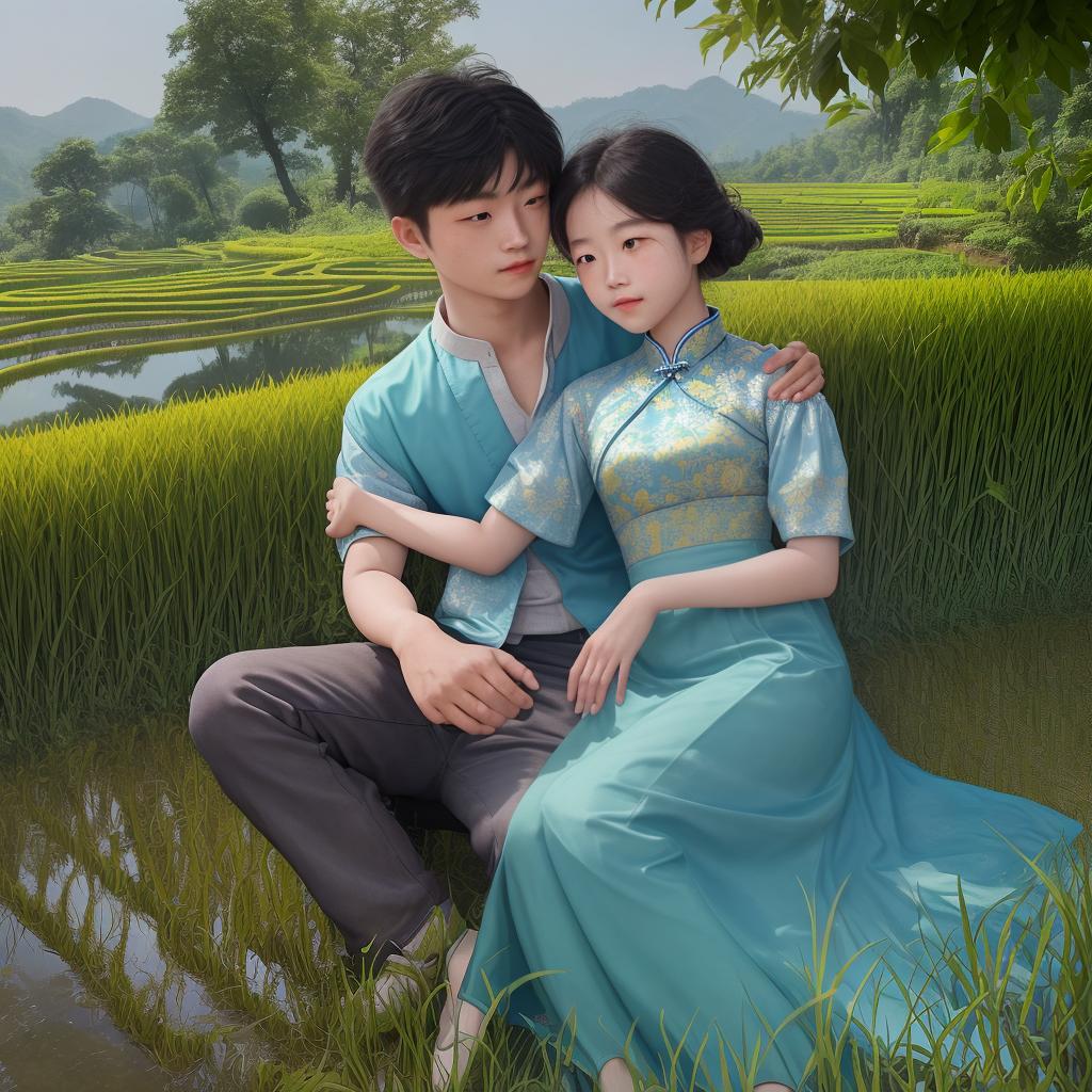  Masterpiece, best quality, in rural China, the sun sets on a lush green rice field. In this picturesque landscape, a young Chinese boy and share moments. ed in warm golden light, the leans back gently, exposing her shoulders, and the boy, his upper body to the sun, pulls her closer. Their warm es capture the essence of young love and the beauty around them. This photo was taken in photorealistic style, emphasizing vivid colors and intricate details of the scene. The use of Kodak Ektar 100 film adds nostalgic colors, enhances the romantic atmosphere and creates a timeless image.