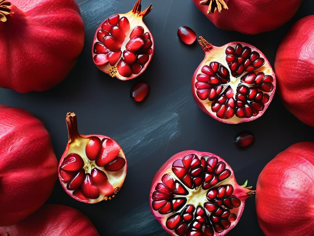  A closeup, ultradetailed image of a vibrant, ripe pomegranate split open to reveal its glistening rubyred seeds, arranged meticulously in a geometric pattern on a sleek, matte black surface. The seeds catch the light, showcasing their juicy texture and rich color, with each tiny aril seemingly bursting with flavor and nutrients. The minimalistic composition emphasizes the intricate beauty of the pomegranate, inviting the viewer to appreciate the fruit's allure and potential for creating delicious, vitaminpacked desserts. hyperrealistic, full body, detailed clothing, highly detailed, cinematic lighting, stunningly beautiful, intricate, sharp focus, f/1. 8, 85mm, (centered image composition), (professionally color graded), ((bright soft diffused light)), volumetric fog, trending on instagram, trending on tumblr, HDR 4K, 8K