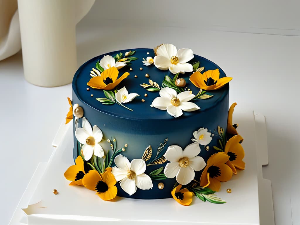  A minimalistic image of a delicate fondant cake decorated with intricate handpainted edible flowers and gold leaf details, set against a clean white background to highlight the artistry and elegance of advanced edible painting techniques. hyperrealistic, full body, detailed clothing, highly detailed, cinematic lighting, stunningly beautiful, intricate, sharp focus, f/1. 8, 85mm, (centered image composition), (professionally color graded), ((bright soft diffused light)), volumetric fog, trending on instagram, trending on tumblr, HDR 4K, 8K