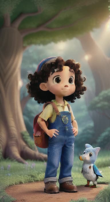  {The tree shining brightly and releasing a gentle, magical light., Riley, a curious with big brown eyes and curly hair, wearing overalls and carrying a small backpack. Their friend, Skye, a bluebird with shiny feathers.