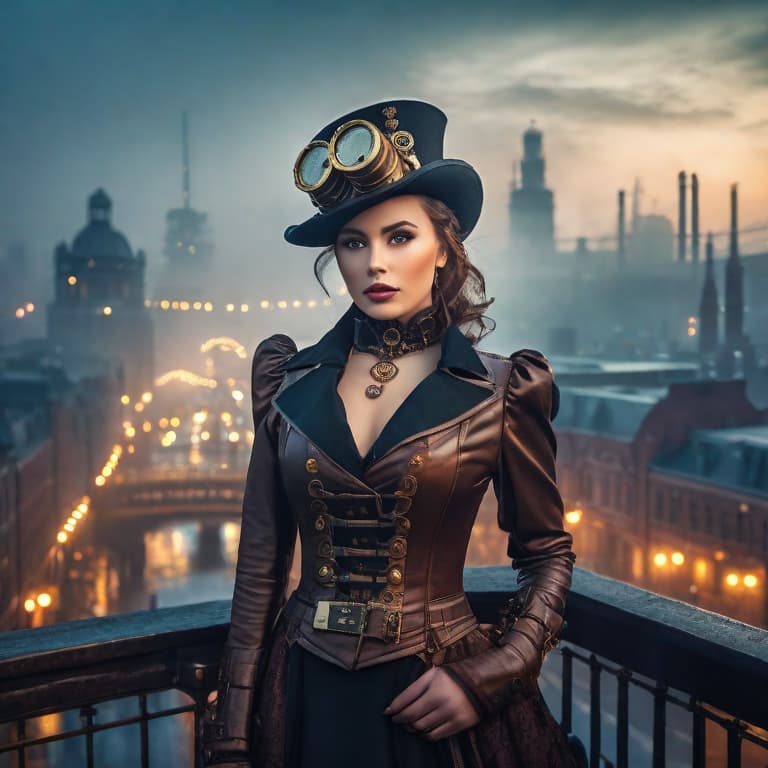  Steampunk cityscape at dusk hyperrealistic, full body, detailed clothing, highly detailed, cinematic lighting, stunningly beautiful, intricate, sharp focus, f/1. 8, 85mm, (centered image composition), (professionally color graded), ((bright soft diffused light)), volumetric fog, trending on instagram, trending on tumblr, HDR 4K, 8K