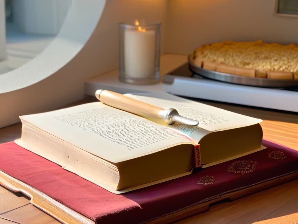  An ultradetailed, minimalist illustration of a vintage, wellloved baking book open on a kitchen counter, showcasing intricate recipes and techniques with flour dusted around, a wooden spoon resting on the pages, and a beam of warm sunlight streaming in through a nearby window, casting a soft glow on the textured cover. hyperrealistic, full body, detailed clothing, highly detailed, cinematic lighting, stunningly beautiful, intricate, sharp focus, f/1. 8, 85mm, (centered image composition), (professionally color graded), ((bright soft diffused light)), volumetric fog, trending on instagram, trending on tumblr, HDR 4K, 8K