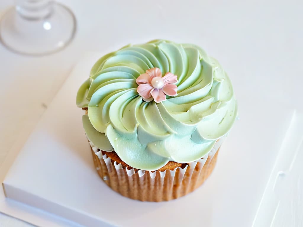  A closeup, ultradetailed image of a beautifully decorated cupcake with intricate swirls of pastelcolored frosting, delicate edible pearls, and a small fondant flower on top. The cupcake is placed on a pristine white ceramic plate, with soft natural lighting highlighting every detail, creating a visually stunning and minimalist composition. hyperrealistic, full body, detailed clothing, highly detailed, cinematic lighting, stunningly beautiful, intricate, sharp focus, f/1. 8, 85mm, (centered image composition), (professionally color graded), ((bright soft diffused light)), volumetric fog, trending on instagram, trending on tumblr, HDR 4K, 8K