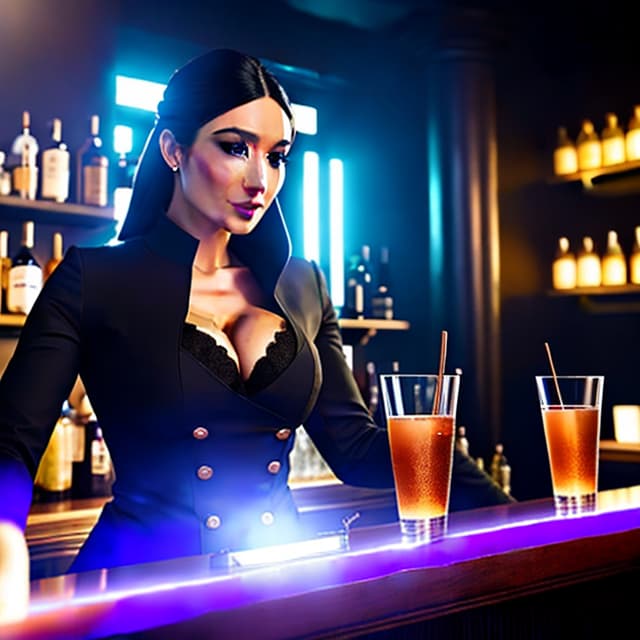  Photos, full -body photos, warm cure, bartender, movement perspective hyperrealistic, full body, detailed clothing, highly detailed, cinematic lighting, stunningly beautiful, intricate, sharp focus, f/1. 8, 85mm, (centered image composition), (professionally color graded), ((bright soft diffused light)), volumetric fog, trending on instagram, trending on tumblr, HDR 4K, 8K