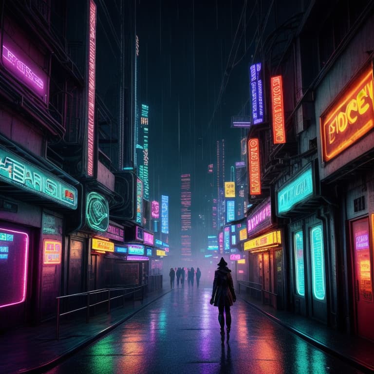  landscape alley in a cyberpunk city, lots of leds, neon signs, during night time, raining hyperrealistic, full body, detailed clothing, highly detailed, cinematic lighting, stunningly beautiful, intricate, sharp focus, f/1. 8, 85mm, (centered image composition), (professionally color graded), ((bright soft diffused light)), volumetric fog, trending on instagram, trending on tumblr, HDR 4K, 8K