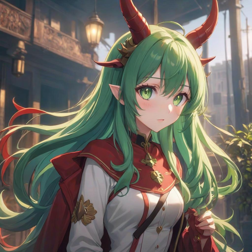  anime artwork A close plan, a girl's face, big green colored eyes, long rosy hair, and two small red horns. . anime style, key visual, vibrant, studio anime, highly detailed hyperrealistic, full body, detailed clothing, highly detailed, cinematic lighting, stunningly beautiful, intricate, sharp focus, f/1. 8, 85mm, (centered image composition), (professionally color graded), ((bright soft diffused light)), volumetric fog, trending on instagram, trending on tumblr, HDR 4K, 8K