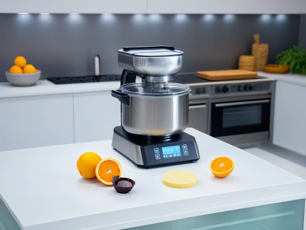  A highresolution, minimalist image of a sleek, modern kitchen countertop showcasing an advanced, topoftheline baking robot in action. The robot is elegantly designed with a polished stainless steel finish, featuring intricate digital controls and a large transparent mixing bowl. Surrounding the robot are carefully arranged premium baking ingredients like vanilla beans, artisanal chocolates, and vibrant, fresh fruits. The lighting is soft and focused, emphasizing the precision and sophistication of the baking process, creating an atmosphere of professionalism and innovation in the world of premium pastrymaking. hyperrealistic, full body, detailed clothing, highly detailed, cinematic lighting, stunningly beautiful, intricate, sharp focus, f/1. 8, 85mm, (centered image composition), (professionally color graded), ((bright soft diffused light)), volumetric fog, trending on instagram, trending on tumblr, HDR 4K, 8K