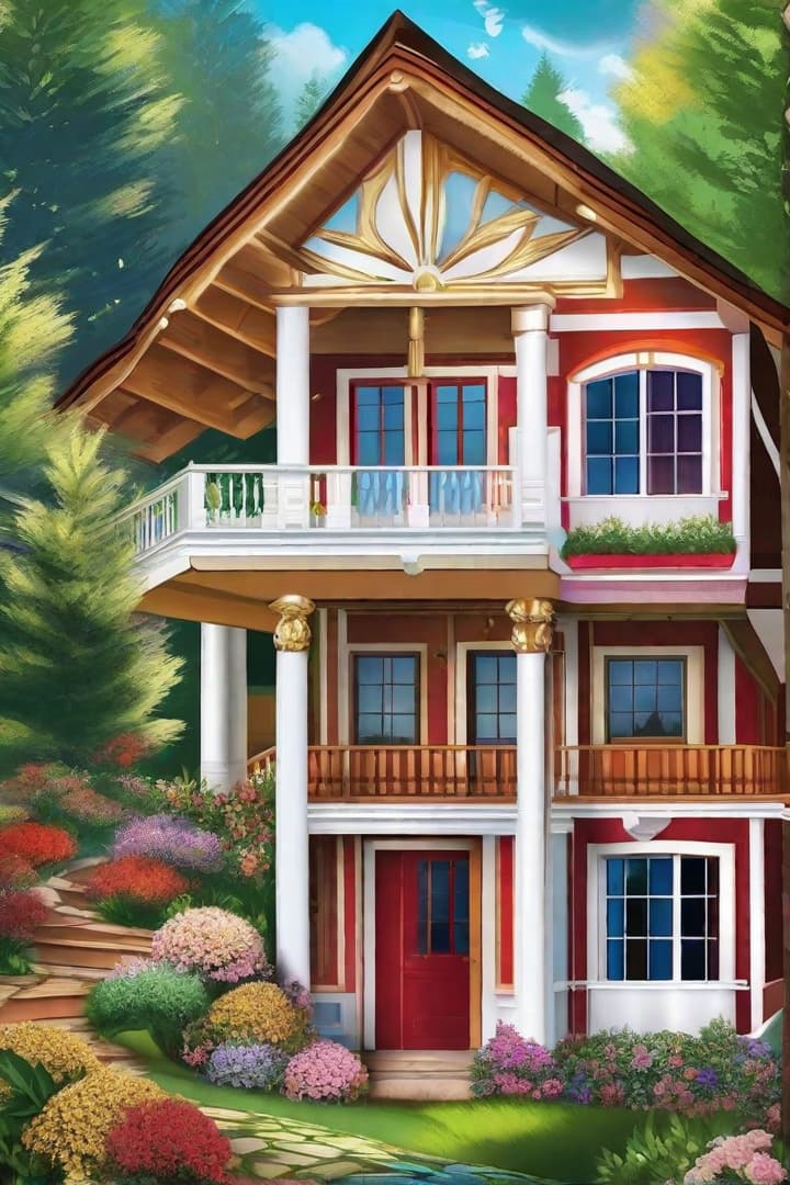  Express your creativity through digital painting. Transform the canvas with a palette of colors, blending and shading to create your own unique masterpiece: Ein großes Haus im wald mit blumen