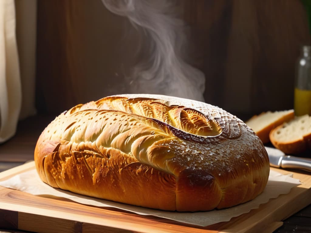  An ultradetailed image of a perfectly risen loaf of artisan bread, with a crisp, golden crust sprinkled with flour, sitting on a rustic wooden cutting board. The bread is delicately scored on top, revealing a soft and pillowy interior with a slight hint of steam escaping. The lighting is soft, casting gentle shadows that enhance the texture of the bread, showcasing the expert craftsmanship that goes into creating the perfect loaf using fresh yeast. hyperrealistic, full body, detailed clothing, highly detailed, cinematic lighting, stunningly beautiful, intricate, sharp focus, f/1. 8, 85mm, (centered image composition), (professionally color graded), ((bright soft diffused light)), volumetric fog, trending on instagram, trending on tumblr, HDR 4K, 8K