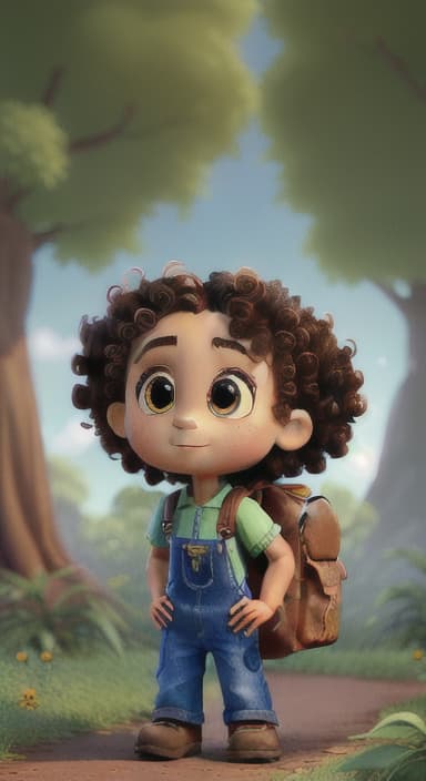  {The tree with a twinkling eye, while its leaves gently rustle., Riley, a curious with big brown eyes and curly hair, wearing overalls and carrying a small backpack. Their friend, Skye, a bluebird with shiny feathers.