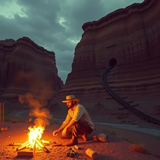  create a western inspired photograph shot in 50mm from a first person view sitting around a campfire. also inspired by roger deakins cinematogrphy work. this photograph has to emphasize tension and each section is motivating each other to tell a story. in the midground shows a railway going into a man sized mining cavern. the overall scene is set in a desert setting at dawn just before the sunrise. the scene is seperated in three sections, the foreground, middleground, and background. the background shows a deep canyon below with rugged rock formations and a winding river that tapers down into the distance. the midground appears closer to your area at around 100 ft away and comprises part of a canyonside. within this canyonside you see a ra hyperrealistic, full body, detailed clothing, highly detailed, cinematic lighting, stunningly beautiful, intricate, sharp focus, f/1. 8, 85mm, (centered image composition), (professionally color graded), ((bright soft diffused light)), volumetric fog, trending on instagram, trending on tumblr, HDR 4K, 8K