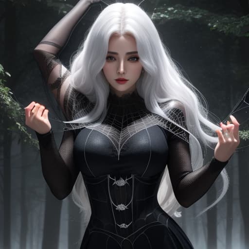  (masterpiece), best quality, expressive eyes, perfect face, 1lady, arachne, spider woman, full body, natural, fully clothed t-shirt, fuzzy, white hair, long hair, short hair, forest, spider webs, 8-legged spider, fur, hyperrealistic, high quality, highly detailed, cinematic lighting, intricate, sharp focus, f/1. 8, 85mm, (centered image composition), (professionally color graded), ((bright soft diffused light)), volumetric fog, trending on instagram, HDR 4K, 8K