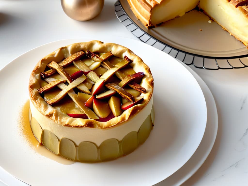  A closeup, ultradetailed image of a freshly baked cardamominfused apple pie, topped with a delicate sprinkle of cinnamon and served on a sleek, modern white plate. The golden crust glistens under soft lighting, showcasing intricate lattice work that invites the viewer to admire the craftsmanship and aroma of the dessert. The image captures the essence of exotic spices in a minimalist and elegant presentation, perfectly complementing the sophisticated theme of the article on global pastry trends with exotic spices. hyperrealistic, full body, detailed clothing, highly detailed, cinematic lighting, stunningly beautiful, intricate, sharp focus, f/1. 8, 85mm, (centered image composition), (professionally color graded), ((bright soft diffused light)), volumetric fog, trending on instagram, trending on tumblr, HDR 4K, 8K