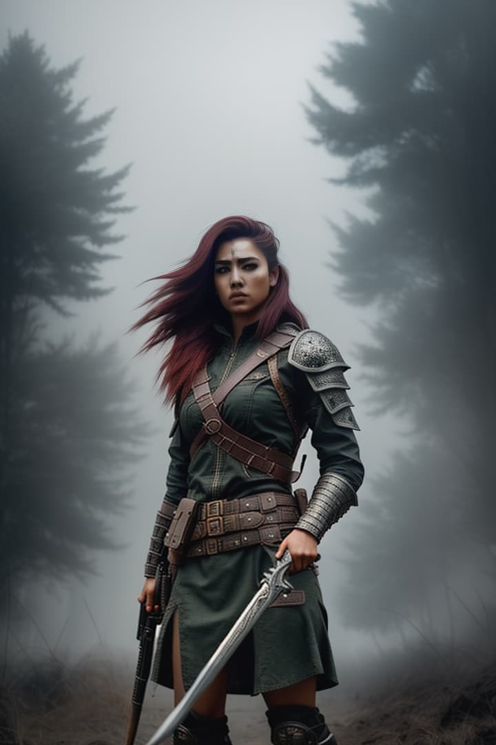  warrior, female, apocalyptic, weapons, gun, hatchet, beautiful , hyperrealistic, high quality, highly detailed, cinematic lighting, intricate, sharp focus, f/1. 8, 85mm, (centered image composition), (professionally color graded), ((bright soft diffused light)), volumetric fog, trending on instagram, HDR 4K, 8K