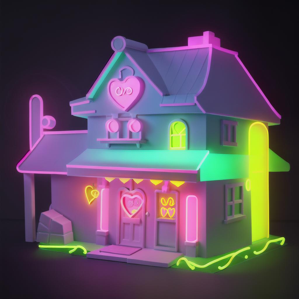  masterpiece, best quality, flat two-dimensional drawing, undetailed, one-line drawing, neon illustration style, very simple, undetailed neon house with a heart drawing, neon details only, no background images, few details, all captured in stunning 8k resolution, bright colors, dark background