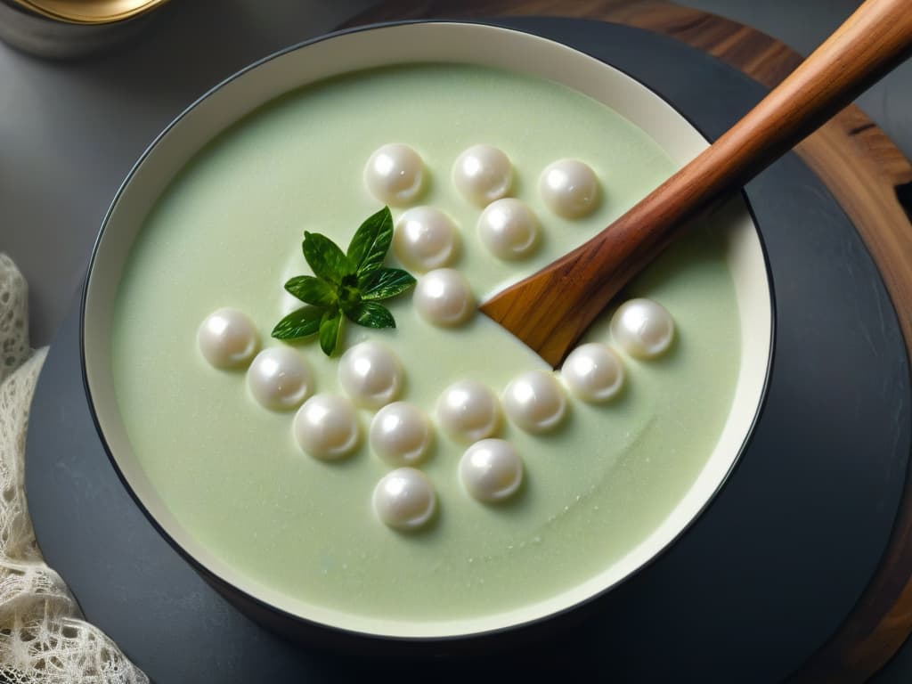  A closeup, ultradetailed image of a perfectly cooked tapioca pearls simmering in a pot of creamy coconut milk, gently stirred with a wooden spoon. The pearls are glossy and translucent, with a slight sheen reflecting the soft kitchen light, showcasing their chewy texture. The coconut milk is rich and velvety, with tiny specks of vanilla beans visible, emanating a sweet and aromatic scent. The wooden spoon, worn from use, contrasts against the smooth surface of the pot, adding a touch of warmth to the scene. hyperrealistic, full body, detailed clothing, highly detailed, cinematic lighting, stunningly beautiful, intricate, sharp focus, f/1. 8, 85mm, (centered image composition), (professionally color graded), ((bright soft diffused light)), volumetric fog, trending on instagram, trending on tumblr, HDR 4K, 8K