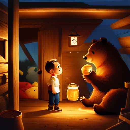  a boy is standing, the bear is sitting and eating honey, in a dimly lit cabin.