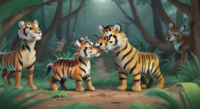  {The tiger and the deer are nuzzled close, surrounded by their jungle friends., The tiger and the deer are now inseparable, bringing joy to the jungle.