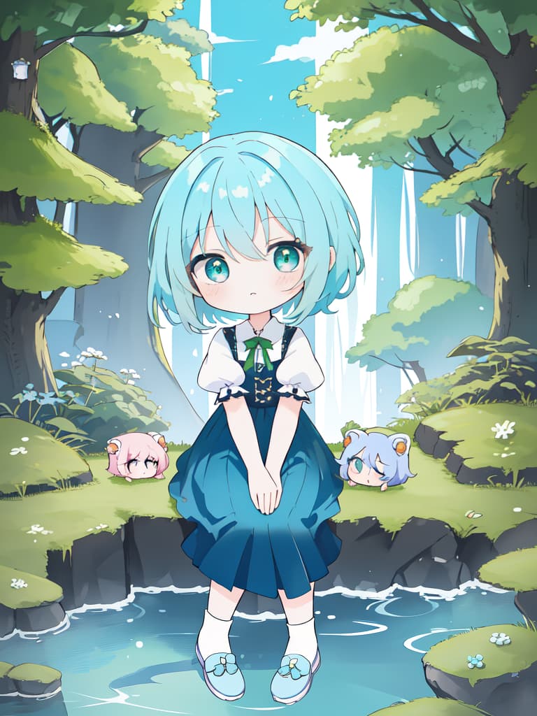  A masterpiece,(((chibi character))),one girl,dressed as a lady attendant,short blue hair color,one hidden eye,green eye,sitting upright,hands between legs,high quality,8K, masterpiece, best quality,8k,ultra detailed,high resolution,an extremely delicate and beautiful,hyper detail