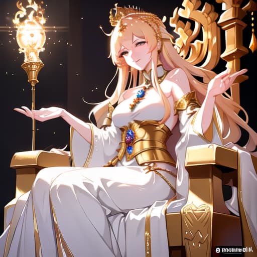  A blonde queen sitting on a wooden throne, with a golden crown, dressed like a goddess, white clothes, with a royal robe, She has an arrogant smile on her face, as she rests her head in the palm of her hand, and elbows her on the arm of the throne. hyperrealistic, full body, detailed clothing, highly detailed, cinematic lighting, stunningly beautiful, intricate, sharp focus, f/1. 8, 85mm, (centered image composition), (professionally color graded), ((bright soft diffused light)), volumetric fog, trending on instagram, trending on tumblr, HDR 4K, 8K