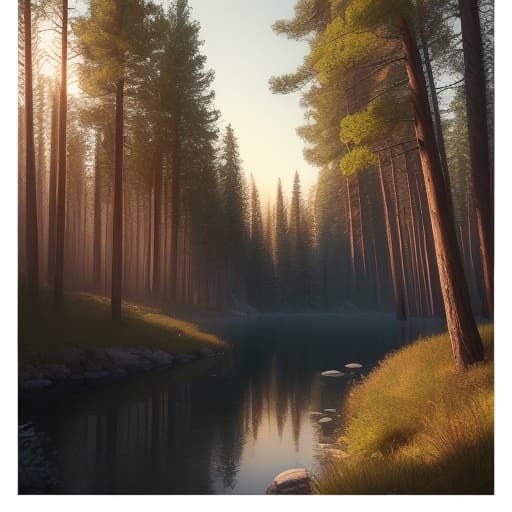  realistic painting of a tranquil wilderness scene with a peaceful lake surrounded by towering pine trees at sunset hyperrealistic, full body, detailed clothing, highly detailed, cinematic lighting, stunningly beautiful, intricate, sharp focus, f/1. 8, 85mm, (centered image composition), (professionally color graded), ((bright soft diffused light)), volumetric fog, trending on instagram, trending on tumblr, HDR 4K, 8K