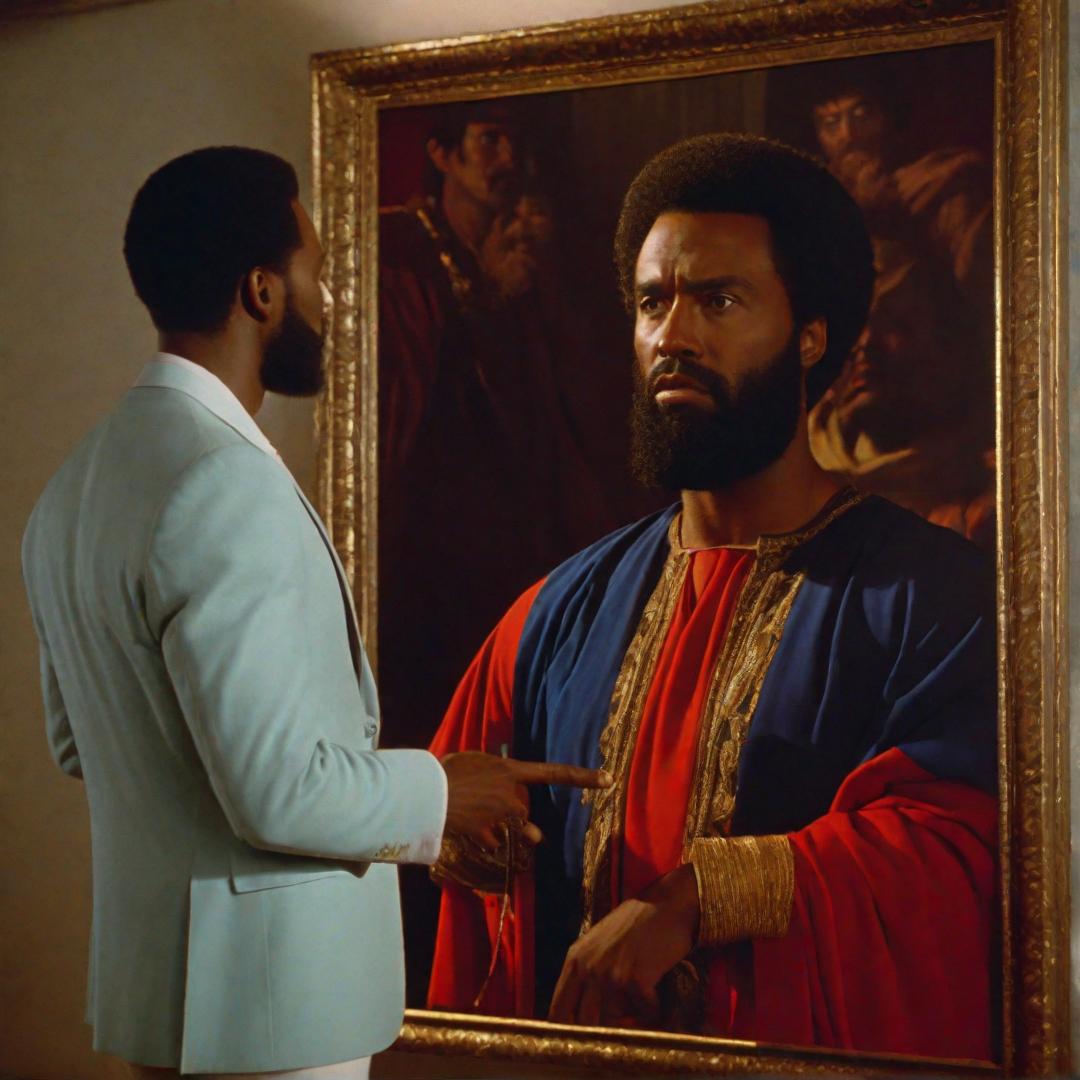  a man standing up in front of a painting of person, in the style of biblical drama, bold colorism, 1980s, cinestill 50d, i can't believe how beautiful this is, satirical humor, xmaspunk hyperrealistic, full body, detailed clothing, highly detailed, cinematic lighting, stunningly beautiful, intricate, sharp focus, f/1. 8, 85mm, (centered image composition), (professionally color graded), ((bright soft diffused light)), volumetric fog, trending on instagram, trending on tumblr, HDR 4K, 8K