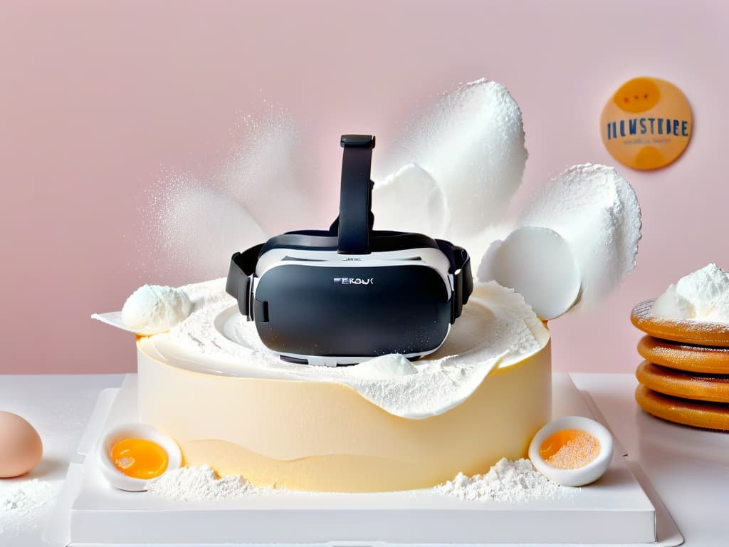  A highresolution, ultradetailed image of a sleek, futuristic virtual reality headset hovering midair, surrounded by digital pastry ingredients like flour, sugar, eggs, and rolling pins. The background is a soft gradient of pastel colors, creating a modern and minimalistic aesthetic. hyperrealistic, full body, detailed clothing, highly detailed, cinematic lighting, stunningly beautiful, intricate, sharp focus, f/1. 8, 85mm, (centered image composition), (professionally color graded), ((bright soft diffused light)), volumetric fog, trending on instagram, trending on tumblr, HDR 4K, 8K