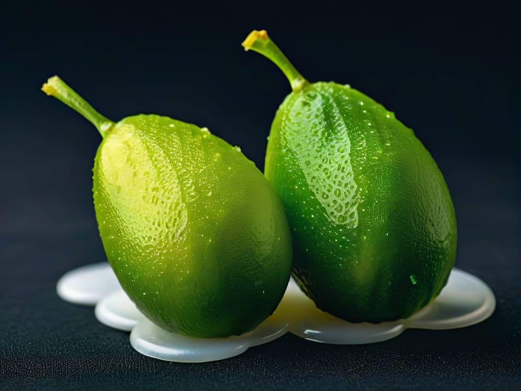  A highly detailed closeup image of a freshly sliced Finger Lime, showcasing its vibrant green color, caviarlike texture, and glistening juicefilled pearls against a sleek black background. Each individual lime vesicle is perfectly in focus, capturing the intricate details and unique shape of this exotic fruit in stunning clarity. hyperrealistic, full body, detailed clothing, highly detailed, cinematic lighting, stunningly beautiful, intricate, sharp focus, f/1. 8, 85mm, (centered image composition), (professionally color graded), ((bright soft diffused light)), volumetric fog, trending on instagram, trending on tumblr, HDR 4K, 8K