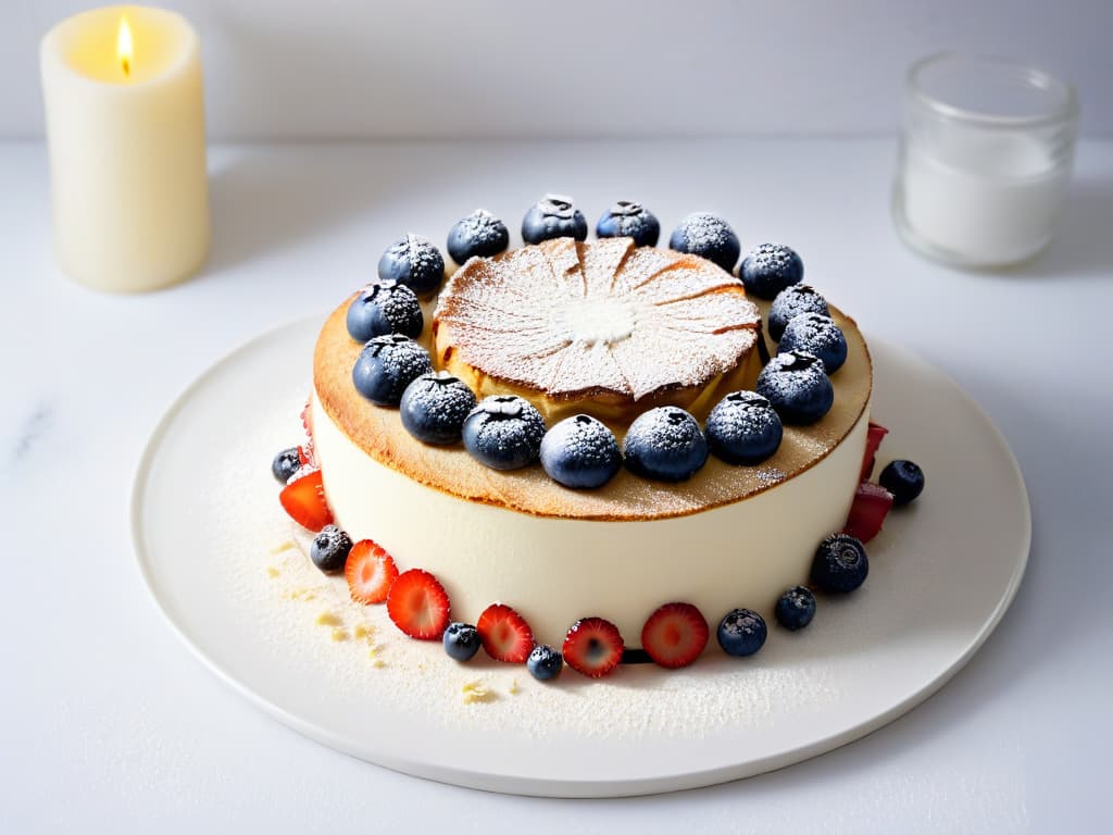  A visually striking and minimalist image of a perfectly baked lowcarb almond flour cake adorned with fresh berries on a sleek, modern white plate. The cake is elegantly dusted with a light sprinkle of powdered erythritol, presenting a beautiful contrast of colors and textures. The background is a soft, blurred gradient that enhances the focus on the exquisite details of the dessert, creating a visually appealing and appetizing composition for the readers. hyperrealistic, full body, detailed clothing, highly detailed, cinematic lighting, stunningly beautiful, intricate, sharp focus, f/1. 8, 85mm, (centered image composition), (professionally color graded), ((bright soft diffused light)), volumetric fog, trending on instagram, trending on tumblr, HDR 4K, 8K