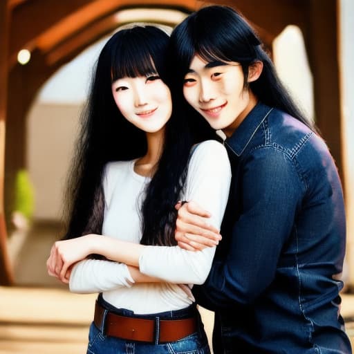  oriental girl with a black long hair in dark blue flare jeans belt make and love with a two man