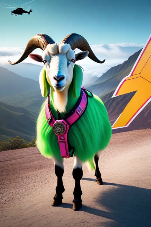  4k,realistic, high def big buff full body male goat with a gun, blue hair and blue beard, wearing sunglasses, Hawaiian shirt, flying a helicopter, bright colors hot pink and blue, and green ,hyper realistic, hyperrealistic, full body, detailed clothing, highly detailed, cinematic lighting, stunningly beautiful, intricate, sharp focus, f/1. 8, 85mm, (centered image composition), (professionally color graded), ((bright soft diffused light)), volumetric fog, trending on instagram, trending on tumblr, HDR 4K, 8K