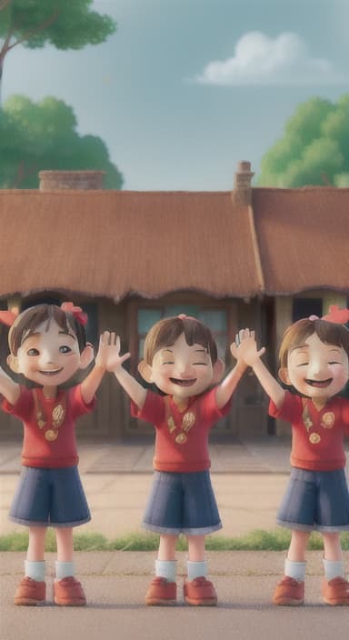  {A heartwarming scene of all the children waving goodbye with happy expressions., Children waving with wide smiles, looking grateful and content.