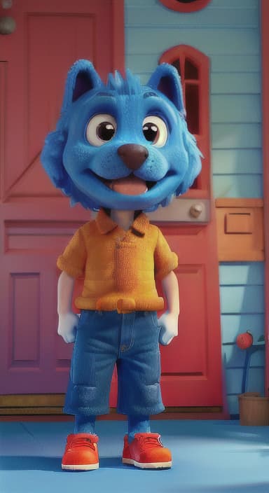  {Max the big blue dog standing in front of a cozy little house with a red door, The big blue dog is large with sky blue fur, big round eyes, a black nose, and floppy ears.