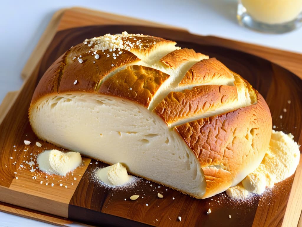  An ultradetailed, minimalistic image of a slice of freshly baked artisan bread with a golden, crispy crust and a soft, airy crumb showcasing the perfect texture achieved through hydration levels. The bread is delicately placed on a rustic wooden cutting board, with a sprinkle of flour surrounding it, emphasizing the importance of hydration in achieving the desired texture in baked goods. hyperrealistic, full body, detailed clothing, highly detailed, cinematic lighting, stunningly beautiful, intricate, sharp focus, f/1. 8, 85mm, (centered image composition), (professionally color graded), ((bright soft diffused light)), volumetric fog, trending on instagram, trending on tumblr, HDR 4K, 8K