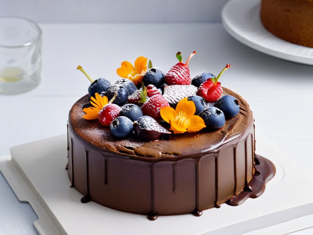  A closeup, ultradetailed image of a beautifully crafted vegan and organic chocolate cake, adorned with fresh berries and edible flowers, set on a sleek, minimalist white plate against a soft, blurred background of a modern kitchen. The rich, glossy texture of the cake layers shines under the soft lighting, showcasing intricate swirls of chocolate ganache and delicate garnishes that invite the viewer to appreciate the artistry and craftsmanship of plantbased baking. hyperrealistic, full body, detailed clothing, highly detailed, cinematic lighting, stunningly beautiful, intricate, sharp focus, f/1. 8, 85mm, (centered image composition), (professionally color graded), ((bright soft diffused light)), volumetric fog, trending on instagram, trending on tumblr, HDR 4K, 8K