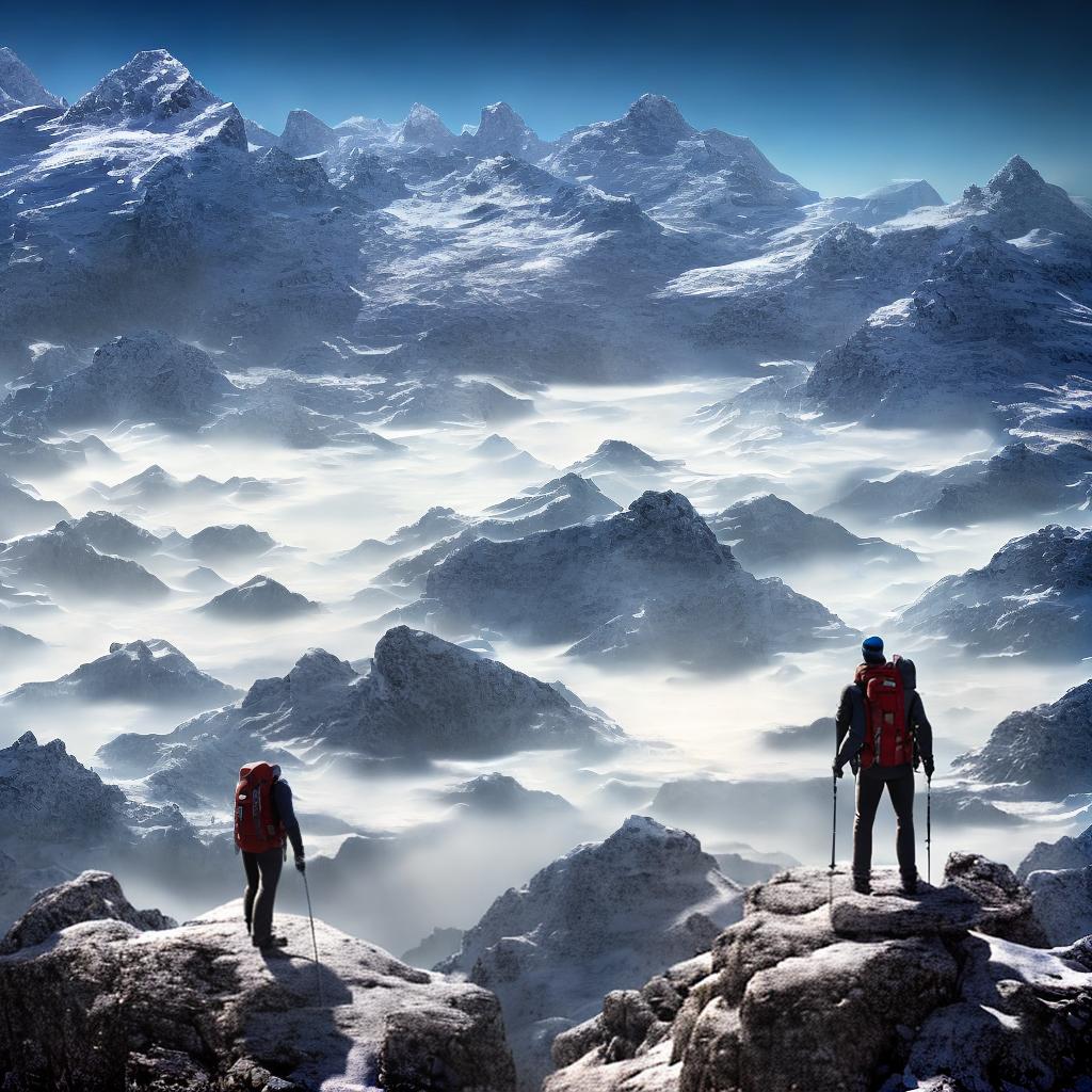  A person standing on the summit of a mountain with higher peaks ahead, symbolizing achieved goals and upcoming challenges, in an artistic style. ((Masterpiece)), (((best quality))), 8k, high detailed, ultra-detailed. The subject is a person standing on the summit of a mountain. The main elements are mountains ((with snowy peaks)), a person ((in hiking gear)), a clear blue sky, clouds ((gently floating)), sunlight ((illuminating the scene)) hyperrealistic, full body, detailed clothing, highly detailed, cinematic lighting, stunningly beautiful, intricate, sharp focus, f/1. 8, 85mm, (centered image composition), (professionally color graded), ((bright soft diffused light)), volumetric fog, trending on instagram, trending on tumblr, HDR 4K, 8K
