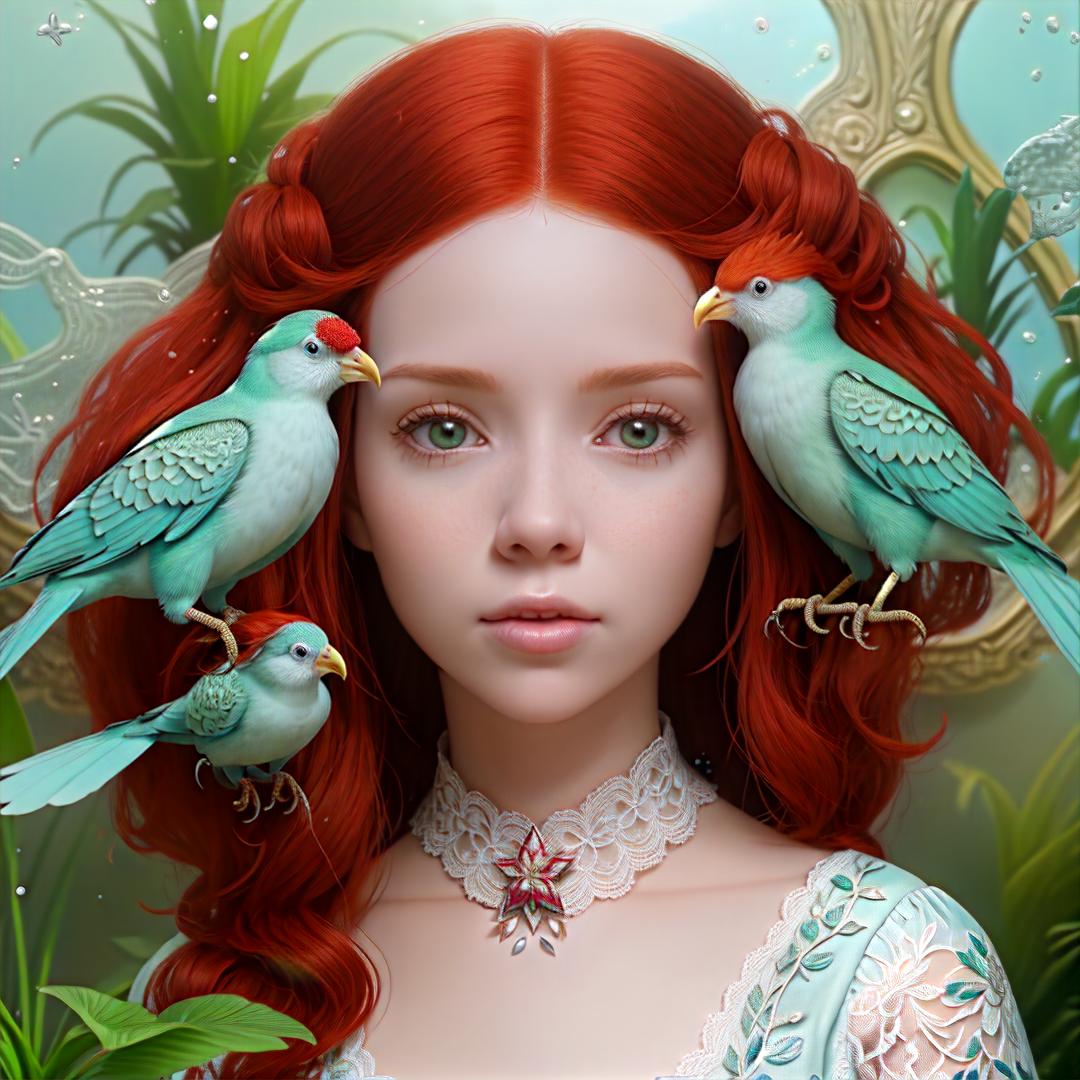  Woman red hair, Close up good friends are like stars - you don't always see them, but you know they are there, ray caesar inspired image, in the office working girls, exotic birds, house-plants, underwater, lace. Terrariums, flowers, perfect eyes, , Highly defined, highly detailed, sharp focus, (centered image composition), 4K, 8K