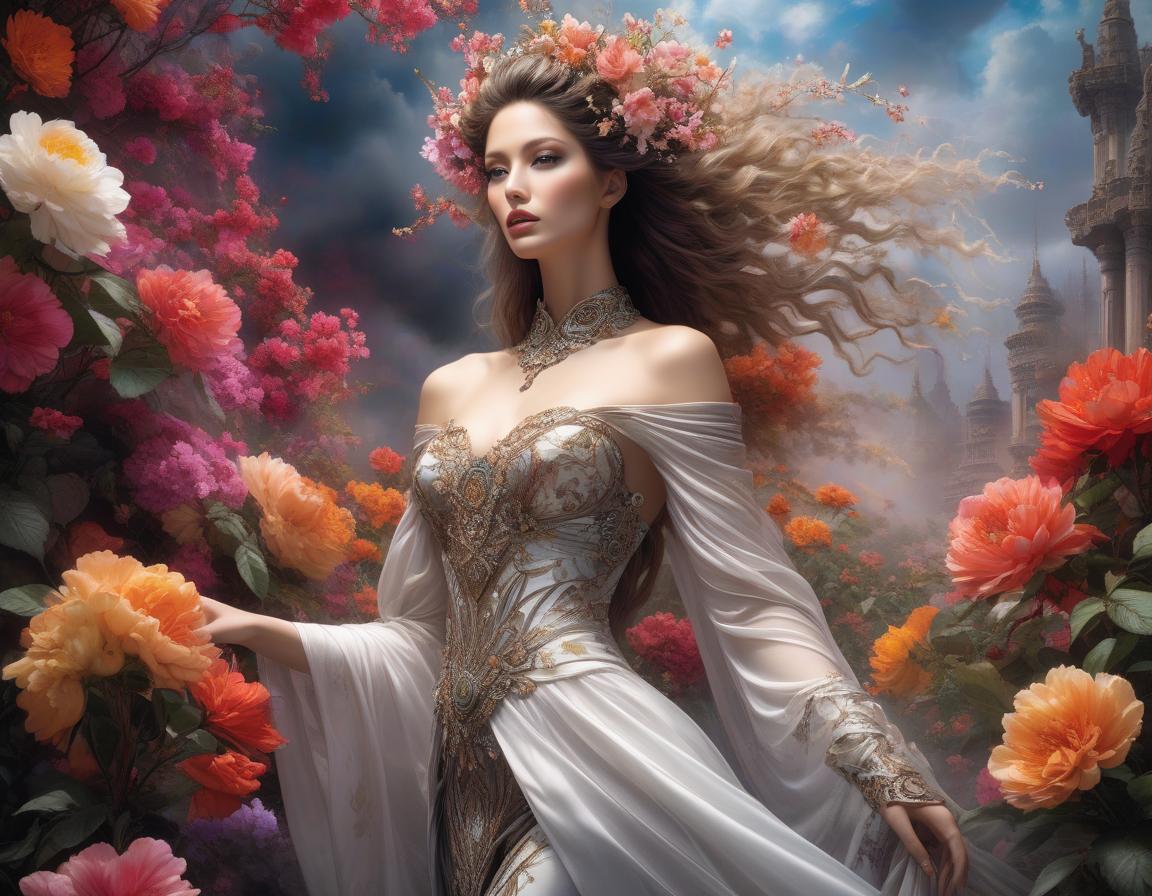  hyperrealistic art Envision a work of art where fantasy and reality blur—a woman stands enshrouded in a tapestry of vivid blossoms, her hair a cascade of elaborate floral designs. She dons a dress of futuristic elegance against a backdrop that whispers of the surreal, all captured in the distinctive style of Luis Royo. This digital masterpiece comes alive with brilliant hues and otherworldly illumination, creating a dreamy realm where every ornate detail contributes to an imaginative tableau. . extremely high resolution details, photographic, realism pushed to extreme, fine texture, incredibly lifelike hyperrealistic, full body, detailed clothing, highly detailed, cinematic lighting, stunningly beautiful, intricate, sharp focus, f/1. 8, 85mm, (centered image composition), (professionally color graded), ((bright soft diffused light)), volumetric fog, trending on instagram, trending on tumblr, HDR 4K, 8K