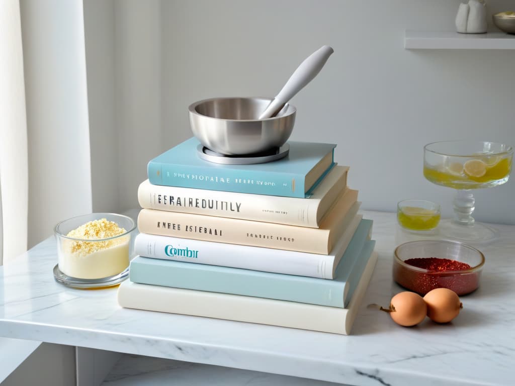  A highresolution image of a pristine white kitchen countertop with a stack of beautifully designed pastelcolored baking cookbooks neatly arranged next to a sleek marble mortar and pestle. The sunlight streaming in from a nearby window casts a soft, inviting glow on the books, highlighting their intricate covers and enticing titles. The scene exudes a sense of calm and sophistication, with a touch of culinary inspiration waiting to be explored. hyperrealistic, full body, detailed clothing, highly detailed, cinematic lighting, stunningly beautiful, intricate, sharp focus, f/1. 8, 85mm, (centered image composition), (professionally color graded), ((bright soft diffused light)), volumetric fog, trending on instagram, trending on tumblr, HDR 4K, 8K