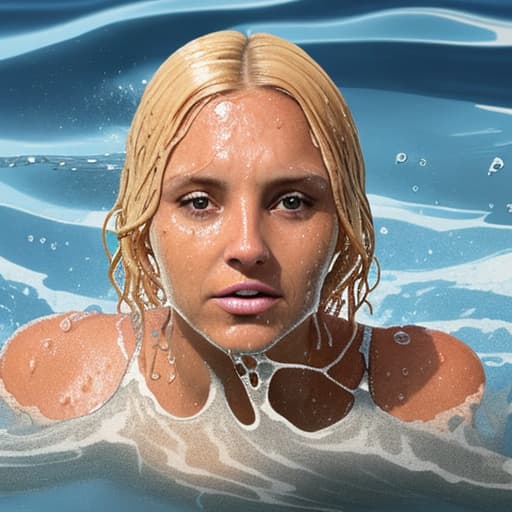  tanned blonde woman's face is in the water she's sinking and drowning she's panic a lot of water waves and splashes around her