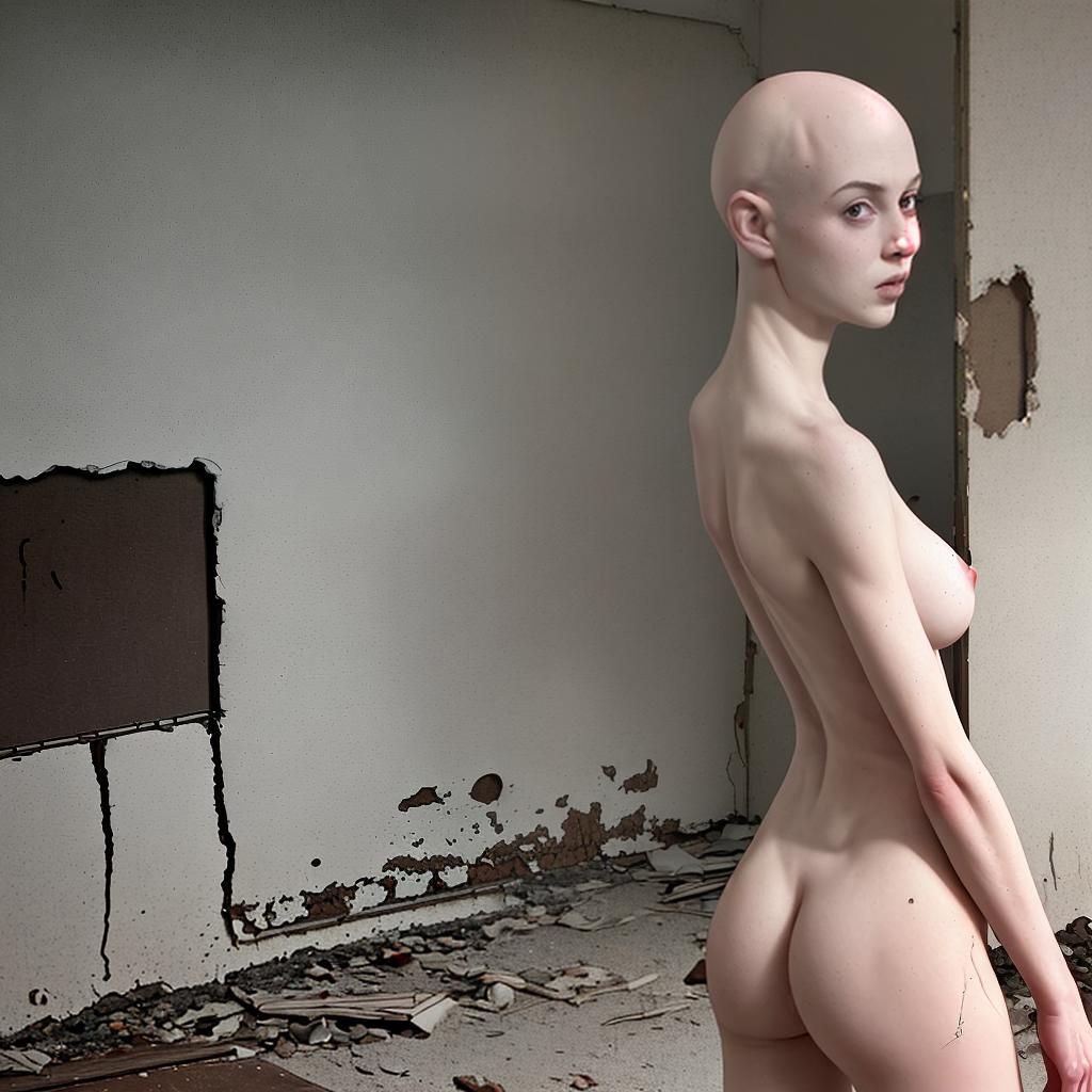  bald-girl, naked, with her back, in an abandoned place