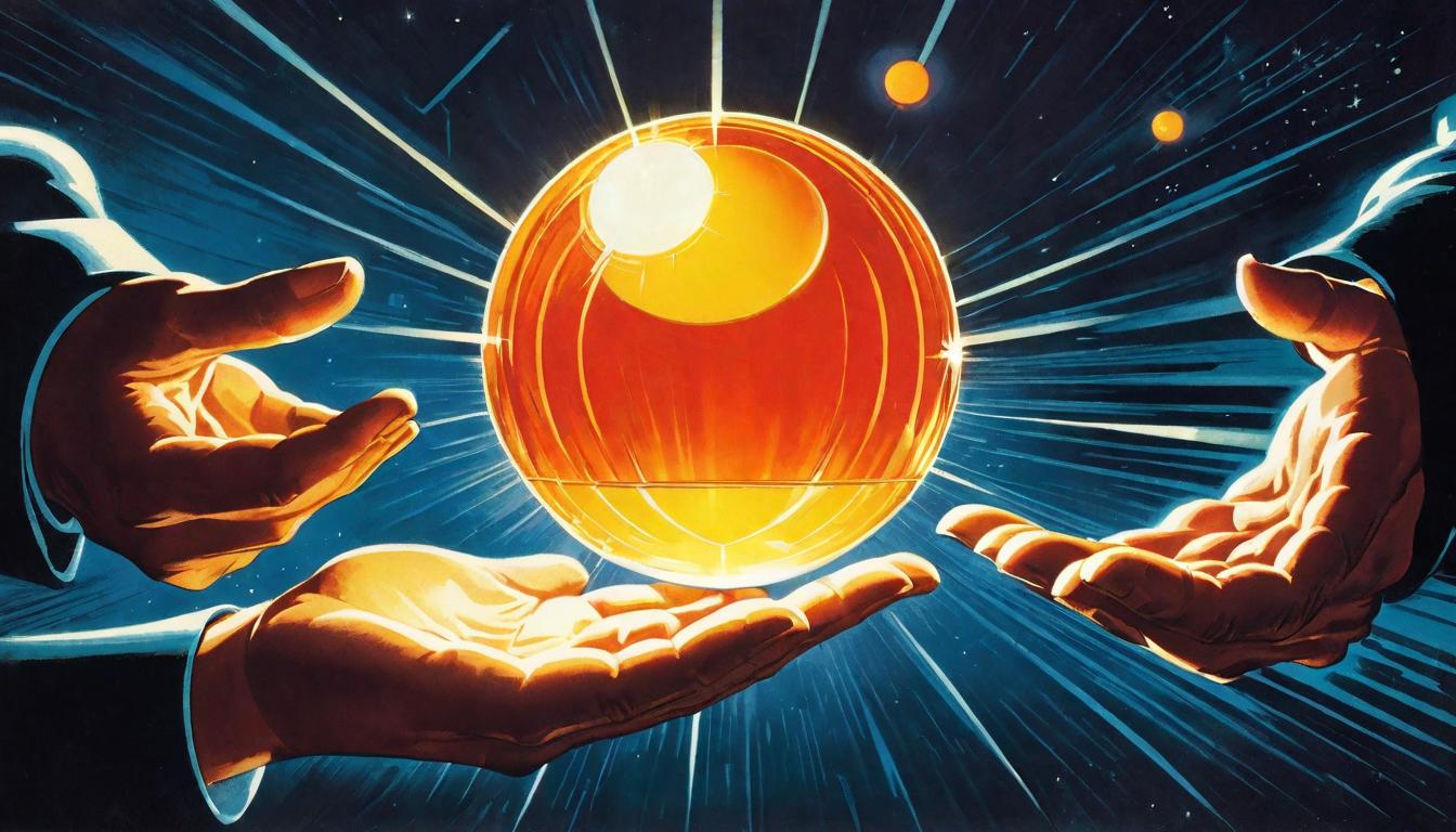  retro futuristic Hands cupping a small, glowing orb of light, casting a warm glow on a dark background, tangible light, practical magic, everyday miracles lvintage sci fi, 50s and 60s style, atomic age, vibrant, highly detailed