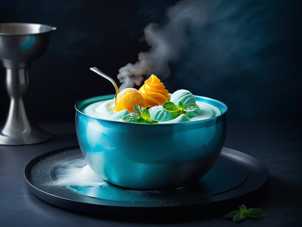  A minimalist image featuring a gleaming stainless steel bowl filled with vibrant, icy sorbet made with liquid nitrogen. Wisps of vapor swirl above the dessert, adding a touch of mystique to the scene. The sorbet is garnished with fresh mint leaves and a drizzle of honey, creating an enticing visual contrast against the metallic backdrop. The lighting is soft yet highlights the textures and colors of the dish, emphasizing its freshness and modern culinary technique. hyperrealistic, full body, detailed clothing, highly detailed, cinematic lighting, stunningly beautiful, intricate, sharp focus, f/1. 8, 85mm, (centered image composition), (professionally color graded), ((bright soft diffused light)), volumetric fog, trending on instagram, trending on tumblr, HDR 4K, 8K