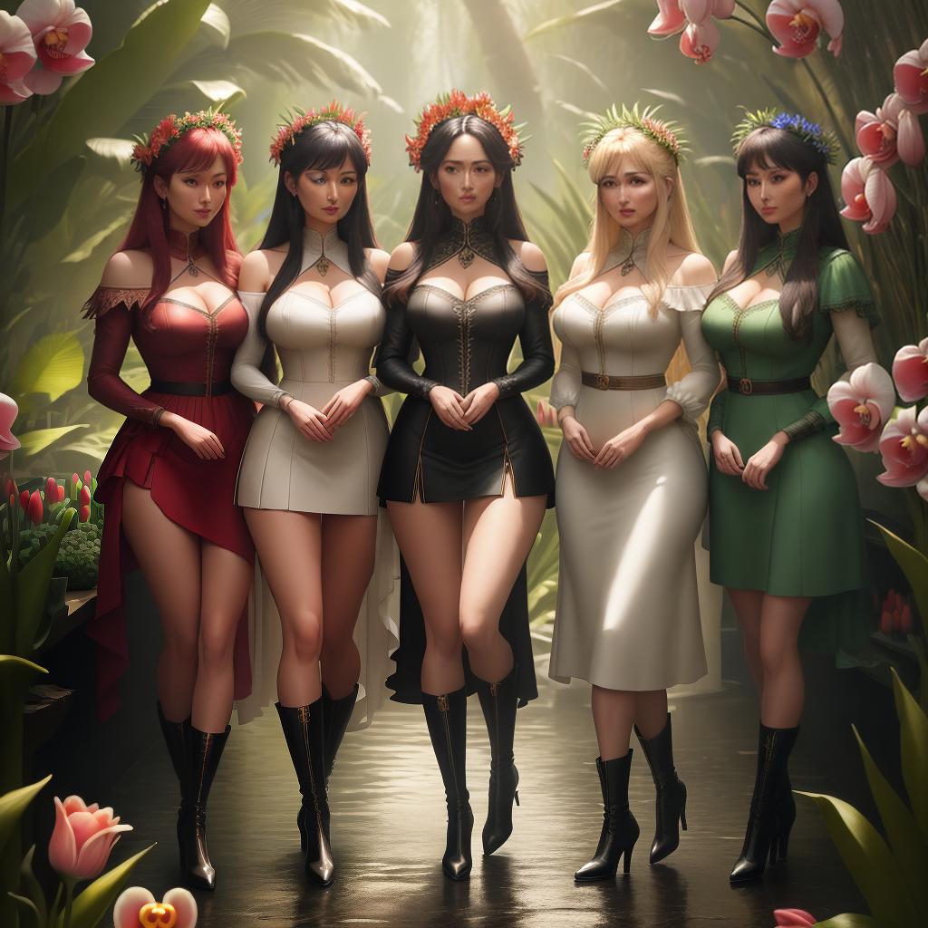  ((masterpiece)),(((best quality))), 8k, high detailed, ultra-detailed. Three girls seen from the front, wearing very short skirts, outfits with much wider necklines, and high boots, in a realistic style. The girls are surrounded by exotic flowers, ((orchids)), ((roses)), and ((tulips)), adding pops of color to the scene. The background showcases a lush ((tropical)) jungle with cascading waterfalls and vibrant wildlife. The lighting is soft and diffused, creating a dreamlike ambiance. hyperrealistic, full body, detailed clothing, highly detailed, cinematic lighting, stunningly beautiful, intricate, sharp focus, f/1. 8, 85mm, (centered image composition), (professionally color graded), ((bright soft diffused light)), volumetric fog, trending on instagram, trending on tumblr, HDR 4K, 8K