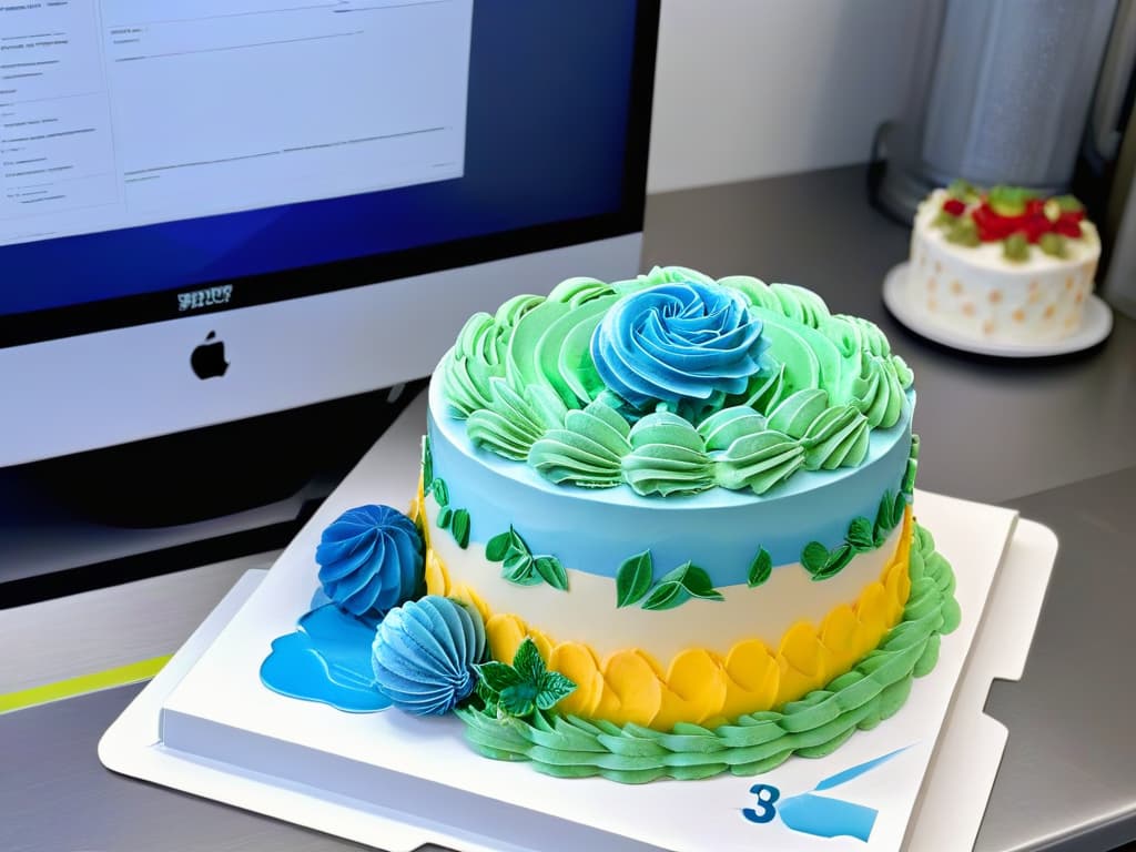  An image of a sleek, modern kitchen countertop with a computer displaying intricate 3D cake designs being created on a design software program. The screen shows a detailed, multilayered cake design in progress, with colorful frosting and intricate decorations taking shape in a visually appealing and professional manner. The overall aesthetic is minimalist, focusing on the clean lines of the kitchen space and the vibrant, detailed design on the computer screen, conveying the essence of using advanced design software for 3D pastry creations. hyperrealistic, full body, detailed clothing, highly detailed, cinematic lighting, stunningly beautiful, intricate, sharp focus, f/1. 8, 85mm, (centered image composition), (professionally color graded), ((bright soft diffused light)), volumetric fog, trending on instagram, trending on tumblr, HDR 4K, 8K