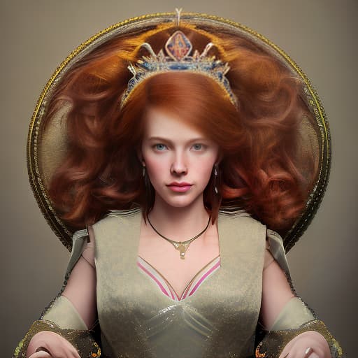 redshift style Portrait of a beautiful auburn - haired woman with a guilded crown sitting on a throne with heightened detail